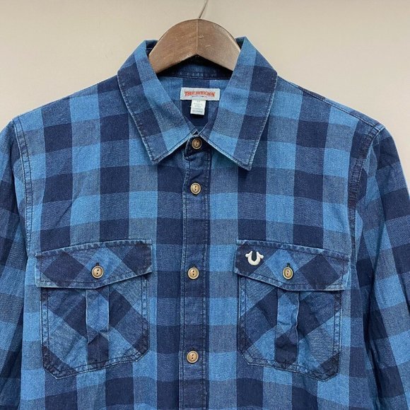 True Religion Men's Size S Blue Plaid Check Double Pocket Embroidered Logo Shirt - Picture 2 of 7